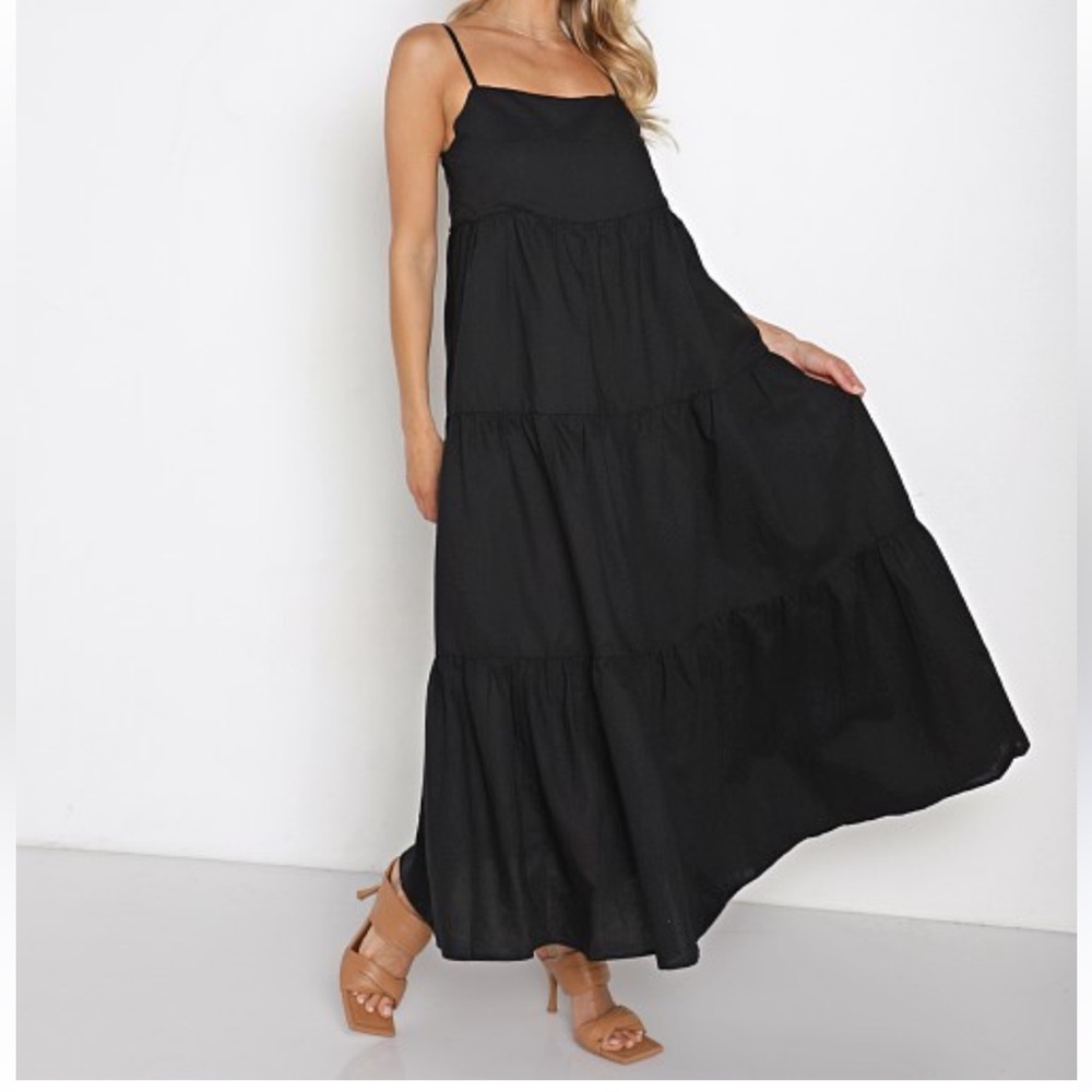 Charlie Holiday Black Tiered Maxi Slip Dress